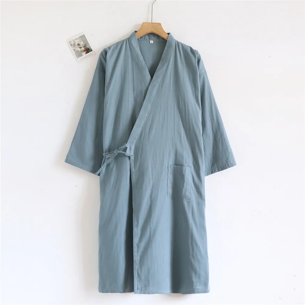 

Новинка 2026, весенне-осенние халаты, марлевые хлопковые тонкие повседневные ночные рубашки, японские мужские пижамы, однотонные кимоно, халаты