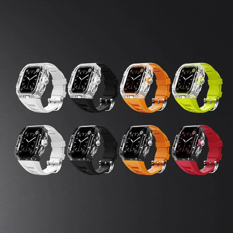 Watch Case for Apple Watch 45MM Series 9 8 7 SE 6 5 4 44MM Transparent Cover Apple Watch Protector Fluororubber watch band