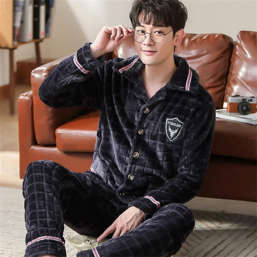 

New Coral Fleece Thicken Pajamas Set for Men Winter Warm Velvet Homewear Casual Soft Sleepwear Nightwear Male Warm Home Clothes