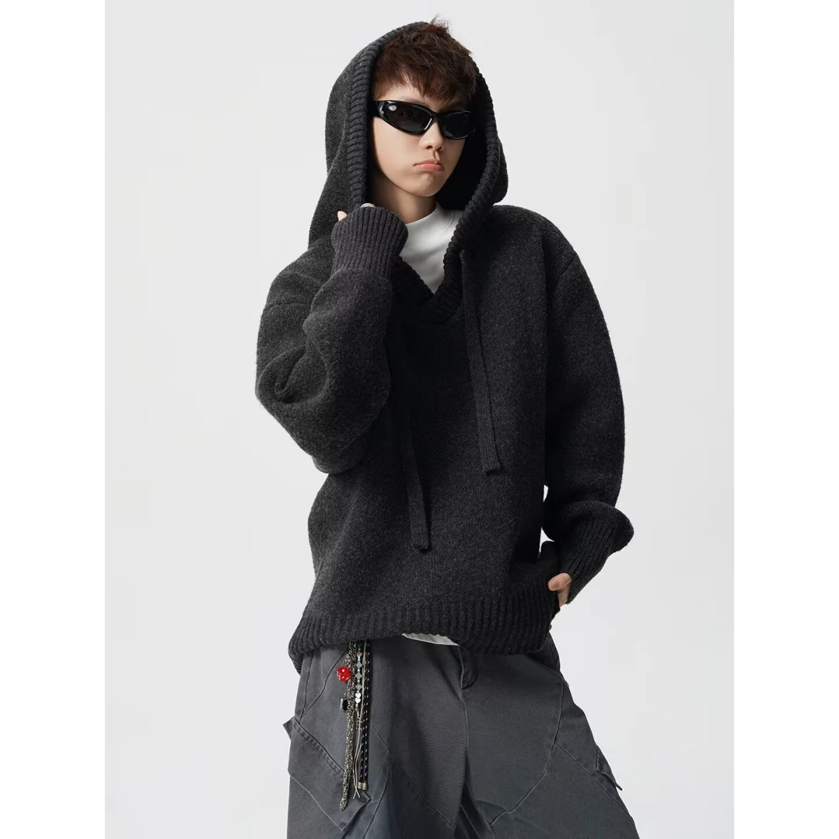 

Корейский вязаный свитер с капюшоном Jaet ex Bla Couple's Faion High Street Lazy Sle, универсальный длинный топ све