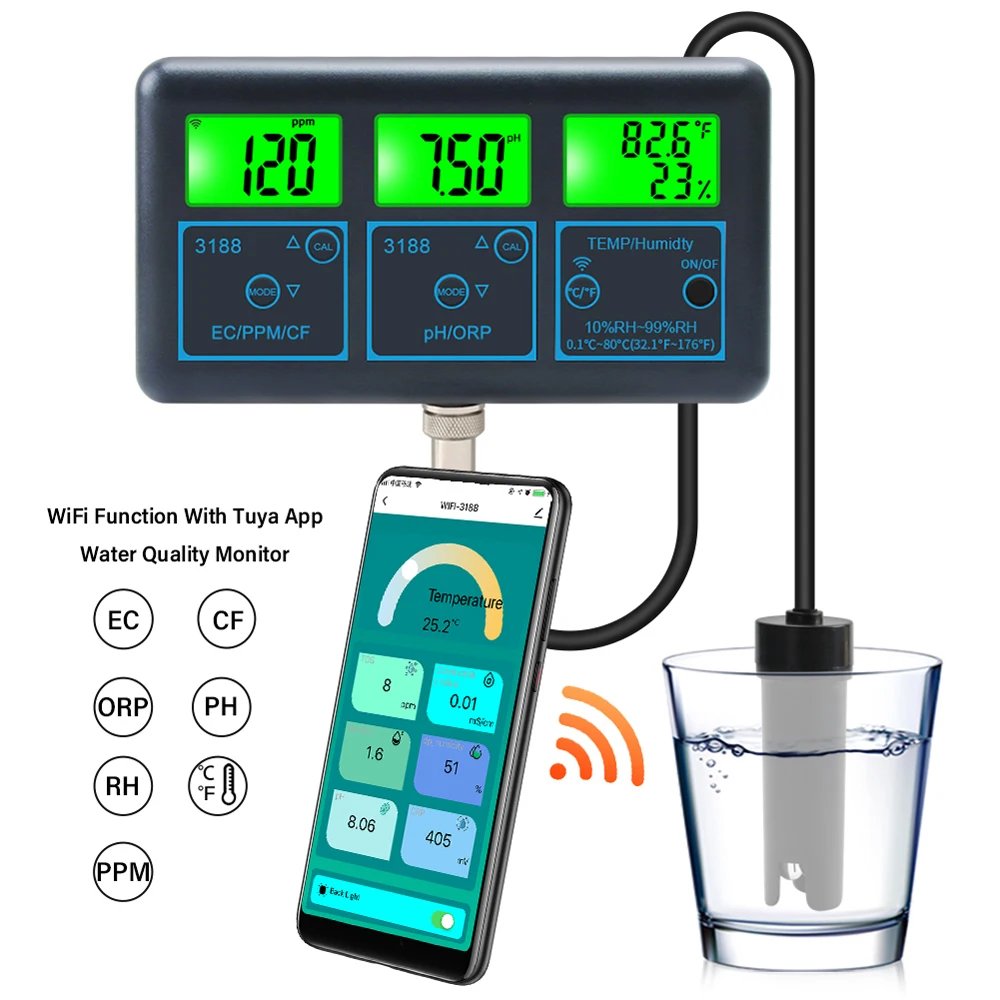 Tuya WiFi 7 in 1 Water Quality Tester Multifunctional PH ORP EC PPM CF RH Temp Monitor Analyzer for Aquarium Aquaculture