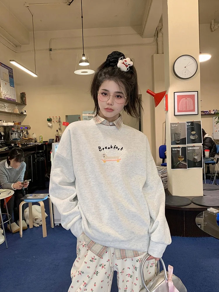 

Forlions Pink Loose Long Sve round Ne Sweatirt Spring Versatile Girl's Feelings Clothing Fem Tops