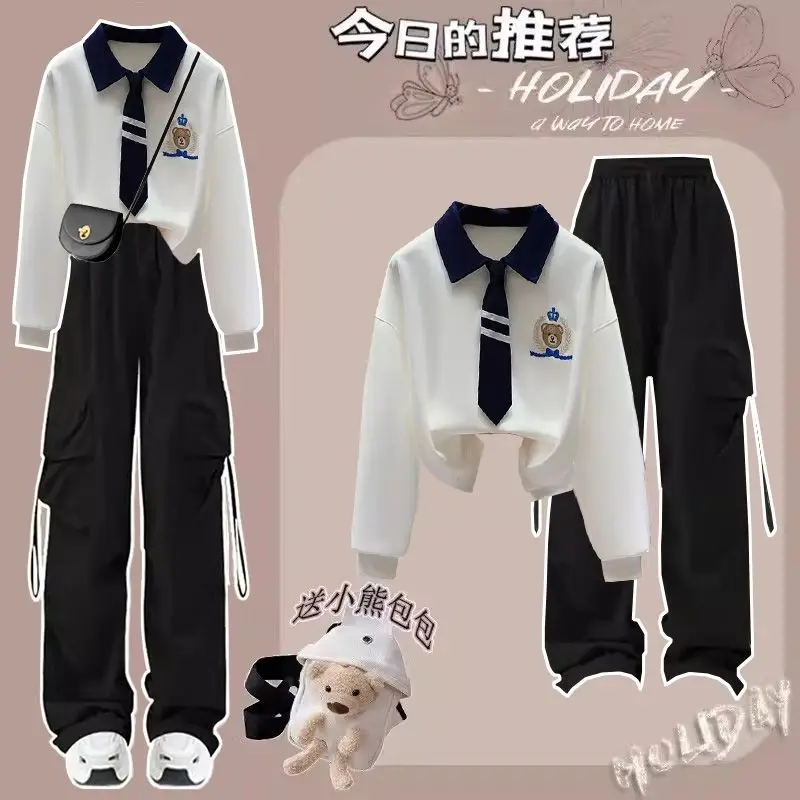 Spring and Autumn Set Female Student Korean Version Loose College Style Little Bear Top+Work Pants 3-Piece Set Trendy