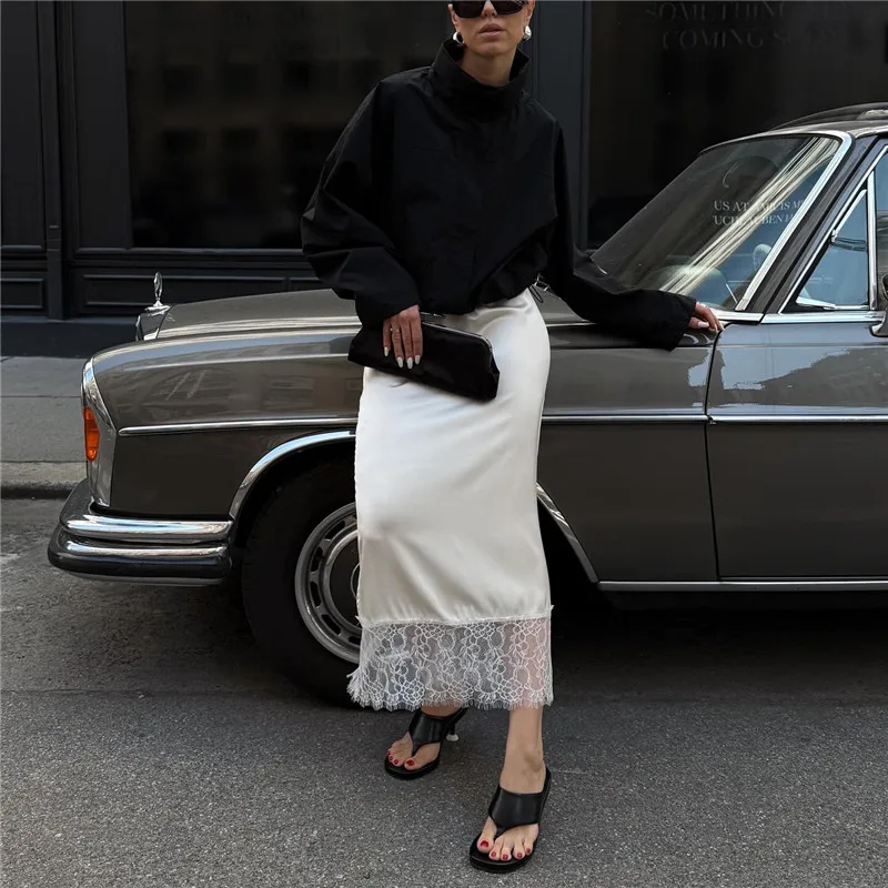 

Y2K кружевная лоскутная атласная юбка Fairy Coquette женская шелковая юбка макси с высокой талией шикарная модная сексуальная нижняя юбка с разрезом клубная вечеринка