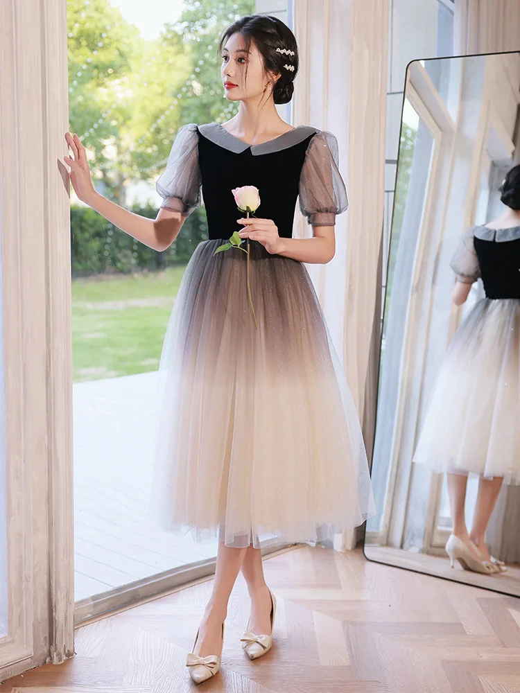 Black Gradient Birthday Dress Mulheres Sweetheart Neck Bubble Short Sleeve Tulle Prom Gown Elegante Modern A linha Evening Dresses