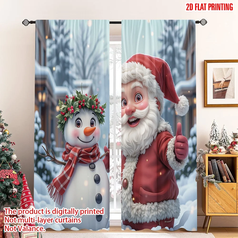 

2pcs 2D flat printing Merry Christmas Popular Curtains Santa Snowman Merry Christmas 100% Polyester Without Electricity Party