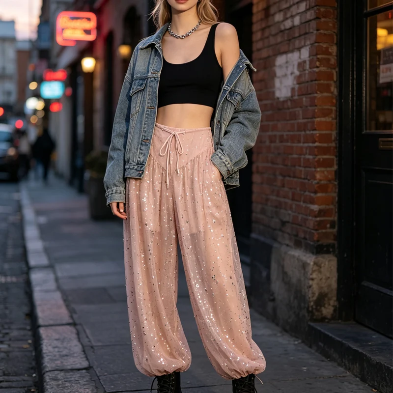 

Women's Sequin Harem Pants - Sheer Drawstring Tapered Leg Trousers, 2026 Spring Chic