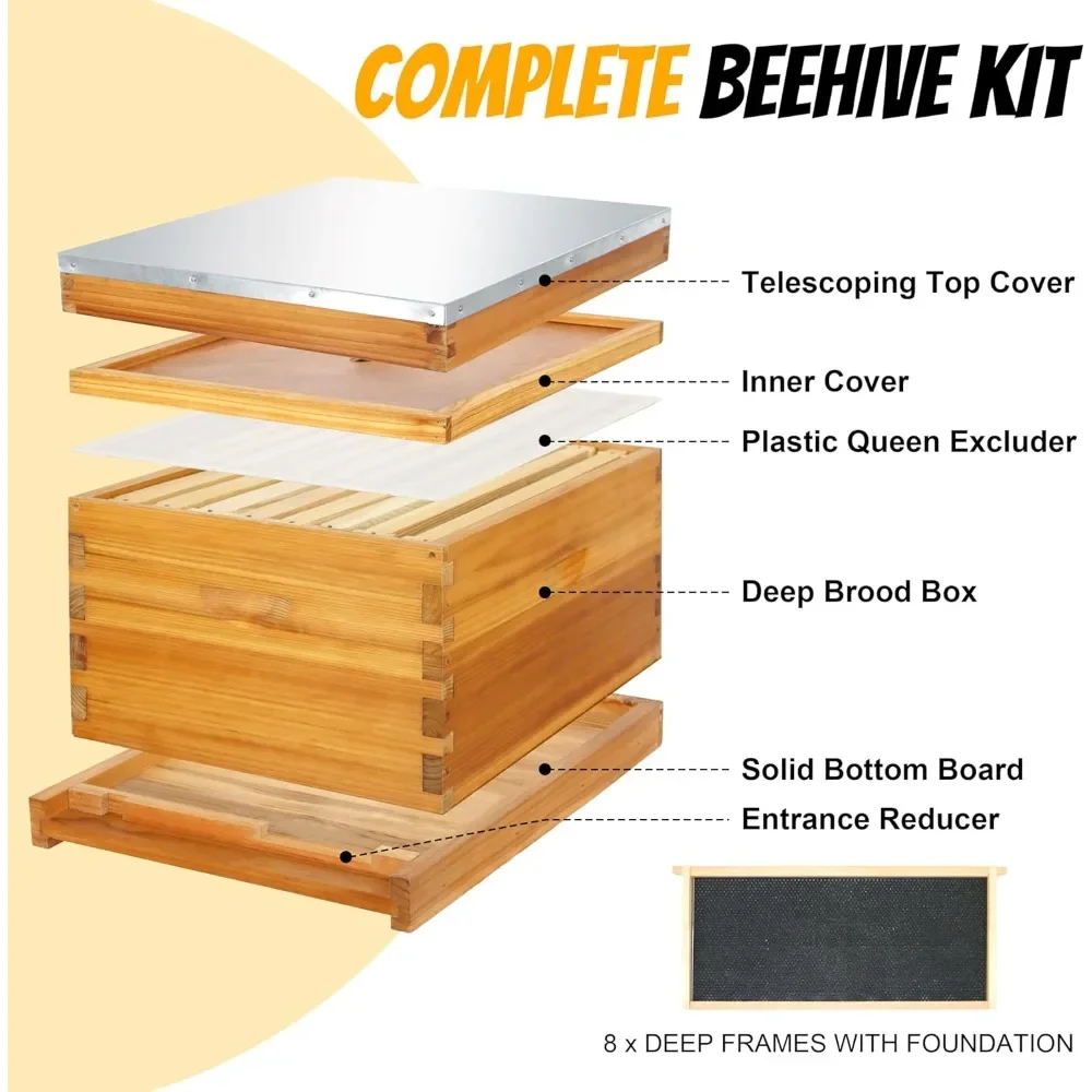 8 Frame Bee Hive Starter Kit and Beekeeping Supplies with Beehive Tool Kit Includes Bee Smoker Beekeeper Hat