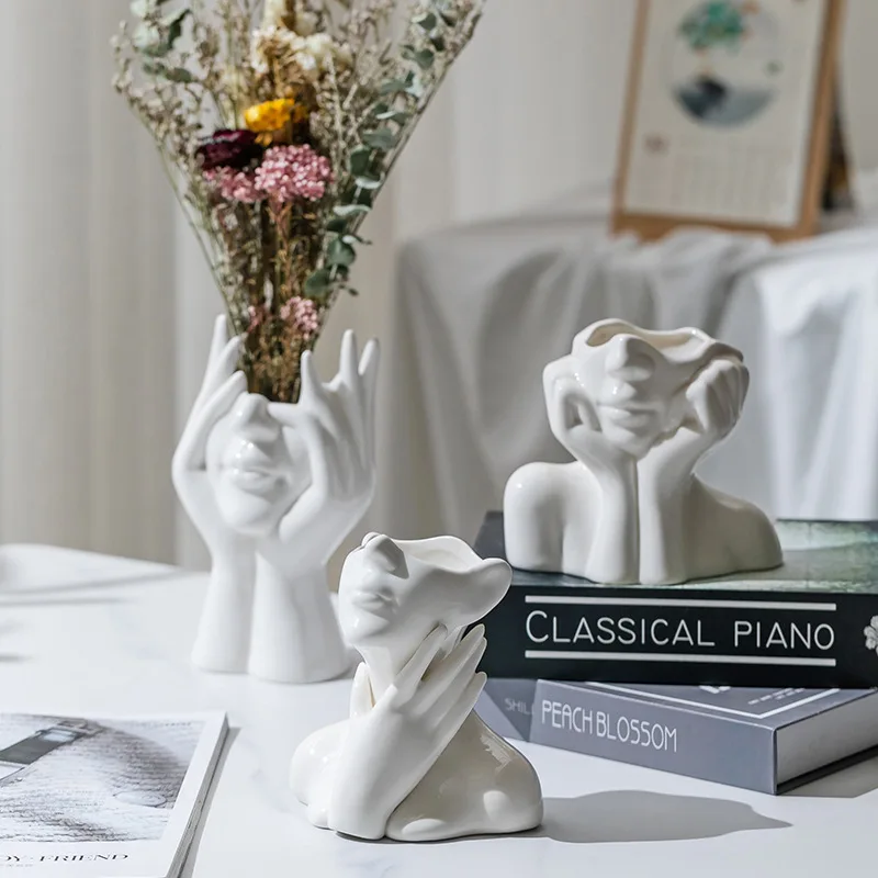

European Style Modern Light Luxury Human Body Art Ceramic Vase Flower Insert Nordic White Fashion Home Decor Ornament