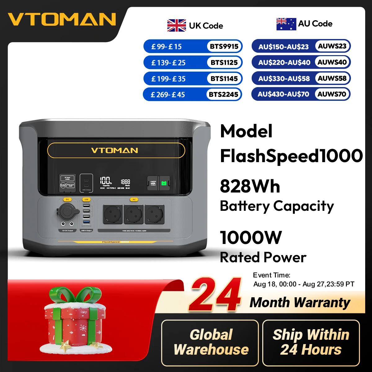 

VTOMAN FlashSpeed 1000 Portable Power Station 2000W 828Wh LiFeP04 Battery Emergency Power For Outdoor Camping Tent Travel