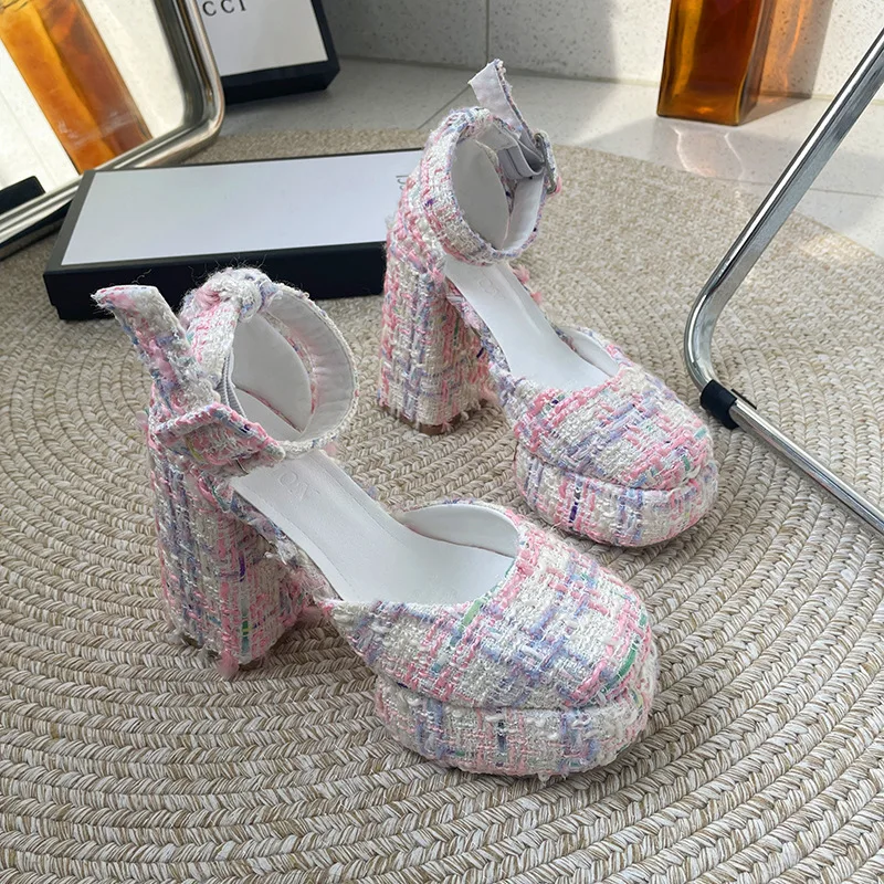 Xibeilove 2024 New Silk Wedding Party Women Pumps Sandals Punk Style Platform Buckle Strap Thick Square High Heels Shoes