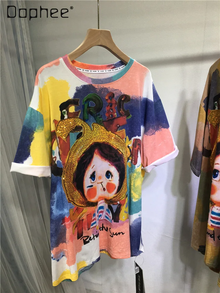 Gradient Color Sequins Loose Mid-Length Cartoon T-shirt Summer European Goods Hot Drilling Short Sleeve Top Women Clothes