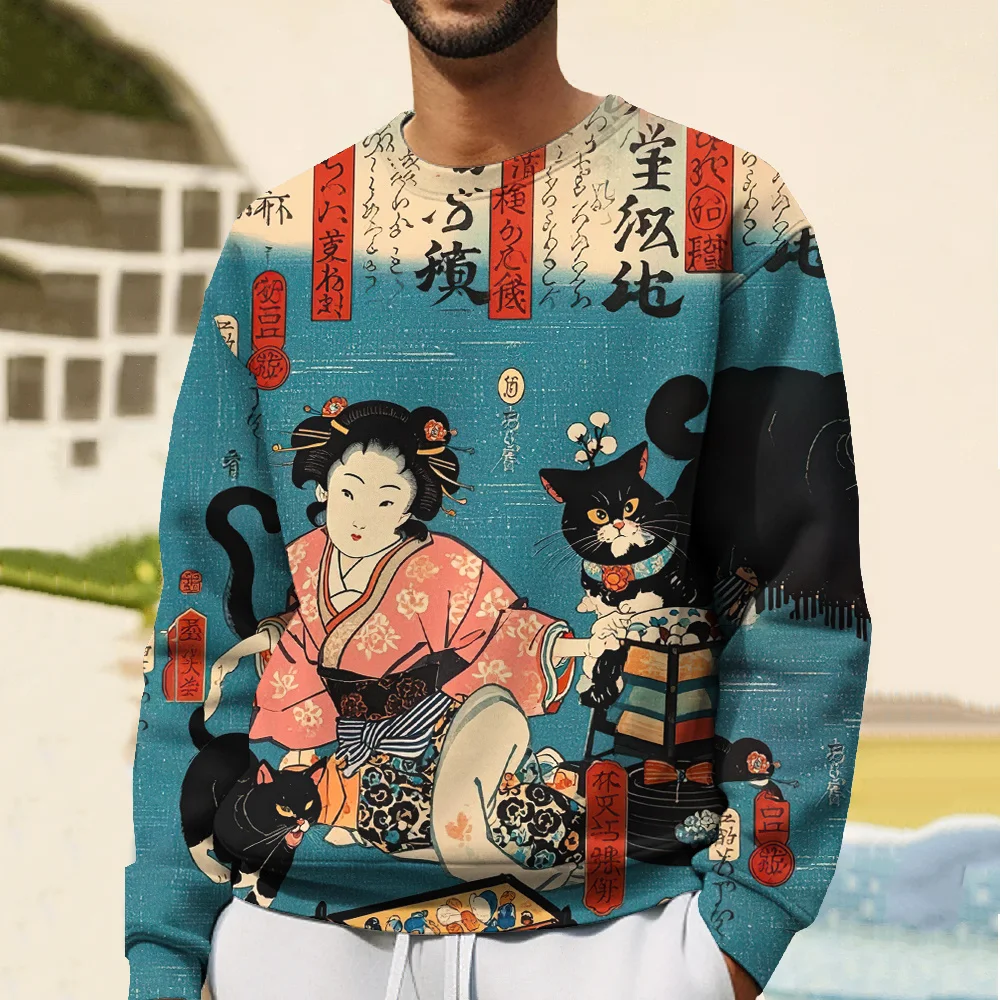 Japanese Hoodies For Men Hatless Sweatshirt Ukiyoe Graphic T Shirts 3D Printed Oversized Men's Clothing Tops Pullover Sweatshirt