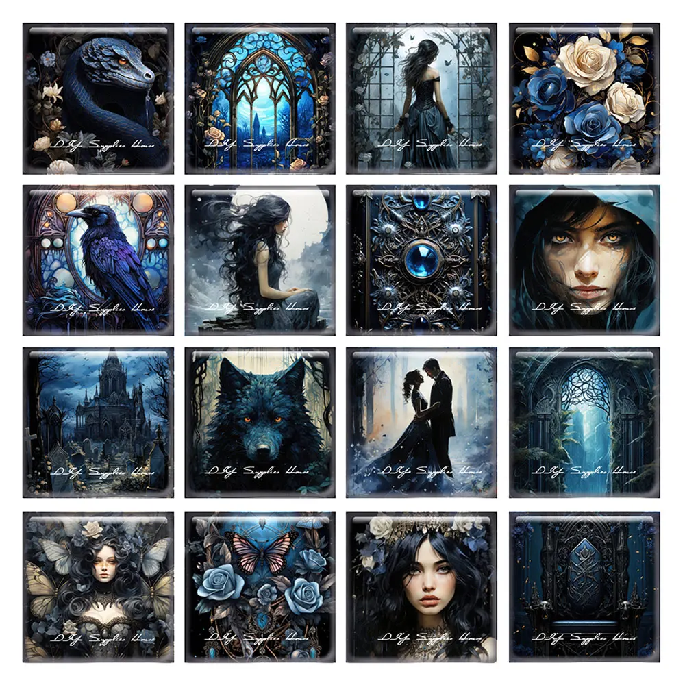 

10pcs/lots Gothic Blue Dark Girl Wolf Raven Square Photo Glass Cabochon Flatback Demo Flat Back Cameo For Diy Jewelry Making