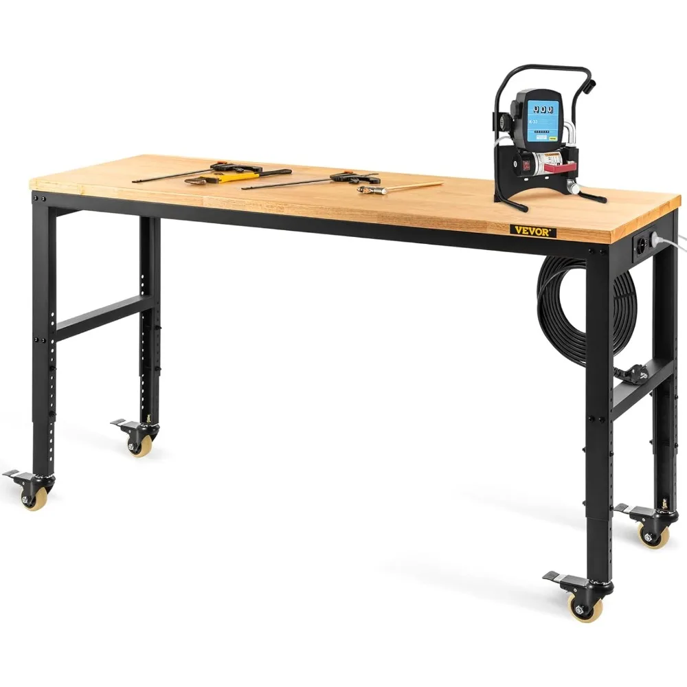 Adjustable Workbench, 48" L X 24" W Hardwood Work Bench with Universal Wheels & Foot Pads, 2000 LBS Load Capacity Heavy-Duty