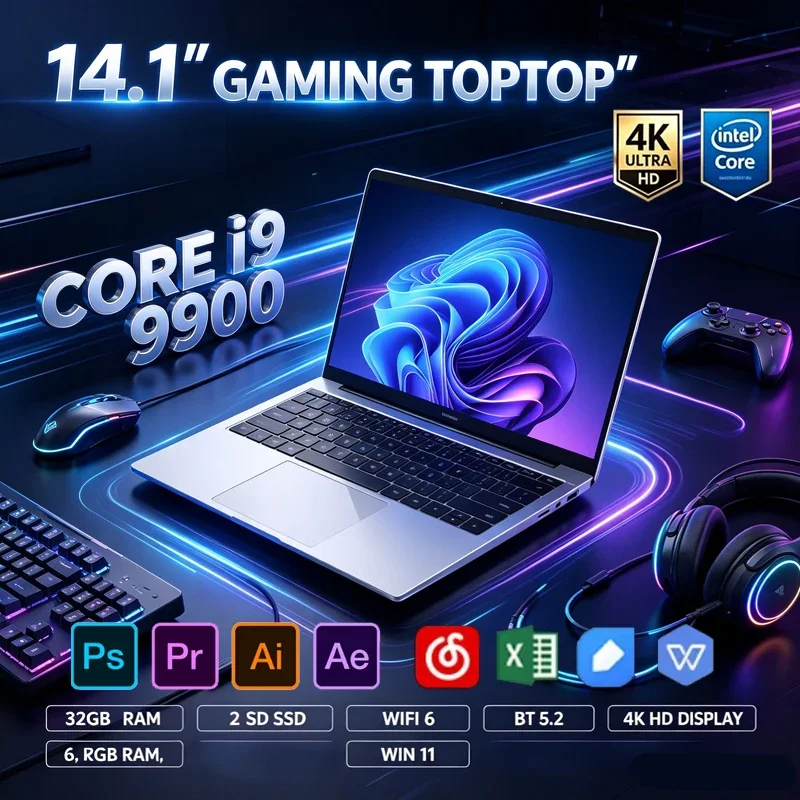 Intel I9-9900 14.1" Ultra Slim Notebook,Win11 Pro,16GB DDR4 1TB/2TB SSD,WIFI6 BT5.2,4K Laptop Gaming Office Graphic Design