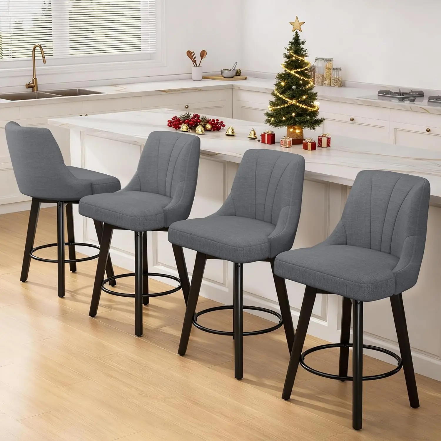 مقعد مرتفع دوار بارتفاع عداد، مجموعة مقاعد للبار من القماش المنجد مقاس 24 بوصة مكونة من 3 قطع، كرسي مقعد مضاد مع ظهر وأرجل من الخشب الصلب