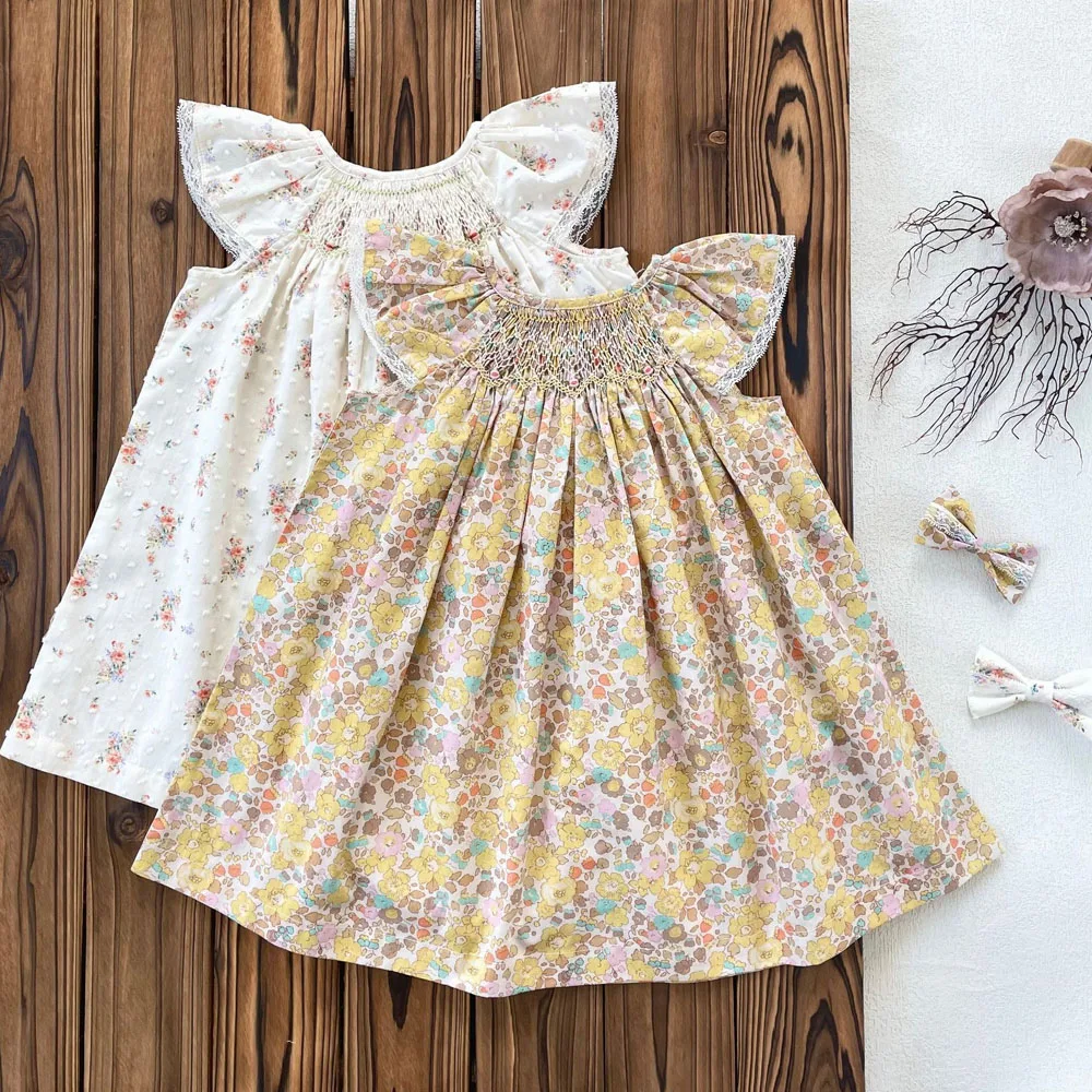 

New Fashion Summer Floral Lace Fly Sleeve Kids Girl A-Line Dress Sweet Cute Baby Comfortable Cotton Dress Daily Wearing