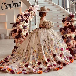 Champagne 3D Flowers Ball Gown Quinceanera Dresses Colorful Floral Appliques Lace  Corset Vestidos De 15 Años