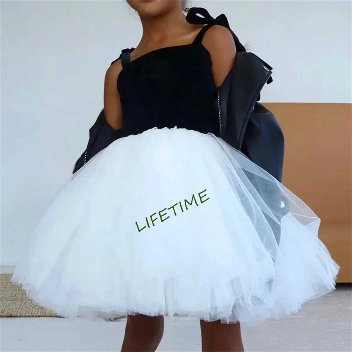 Flower Girl Dress Party Kids Birthday Knee Length Black White Contrast Color A-Line Princess Lace Short Dresses Suede Ball Gown