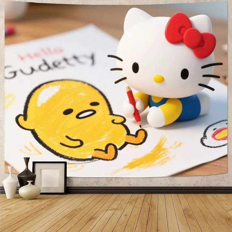 

1PC Sanrio Hello Kitty Gudetama Drawing Tapestry Kawaii Polyester Wall Art for Bedroom Living Room Dorm Decor Gift
