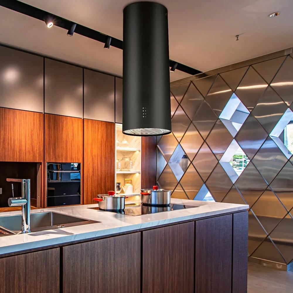 New hotel island style range hood, high-power top suction cylindrical ceiling, island platform, suspended kitchen range hood