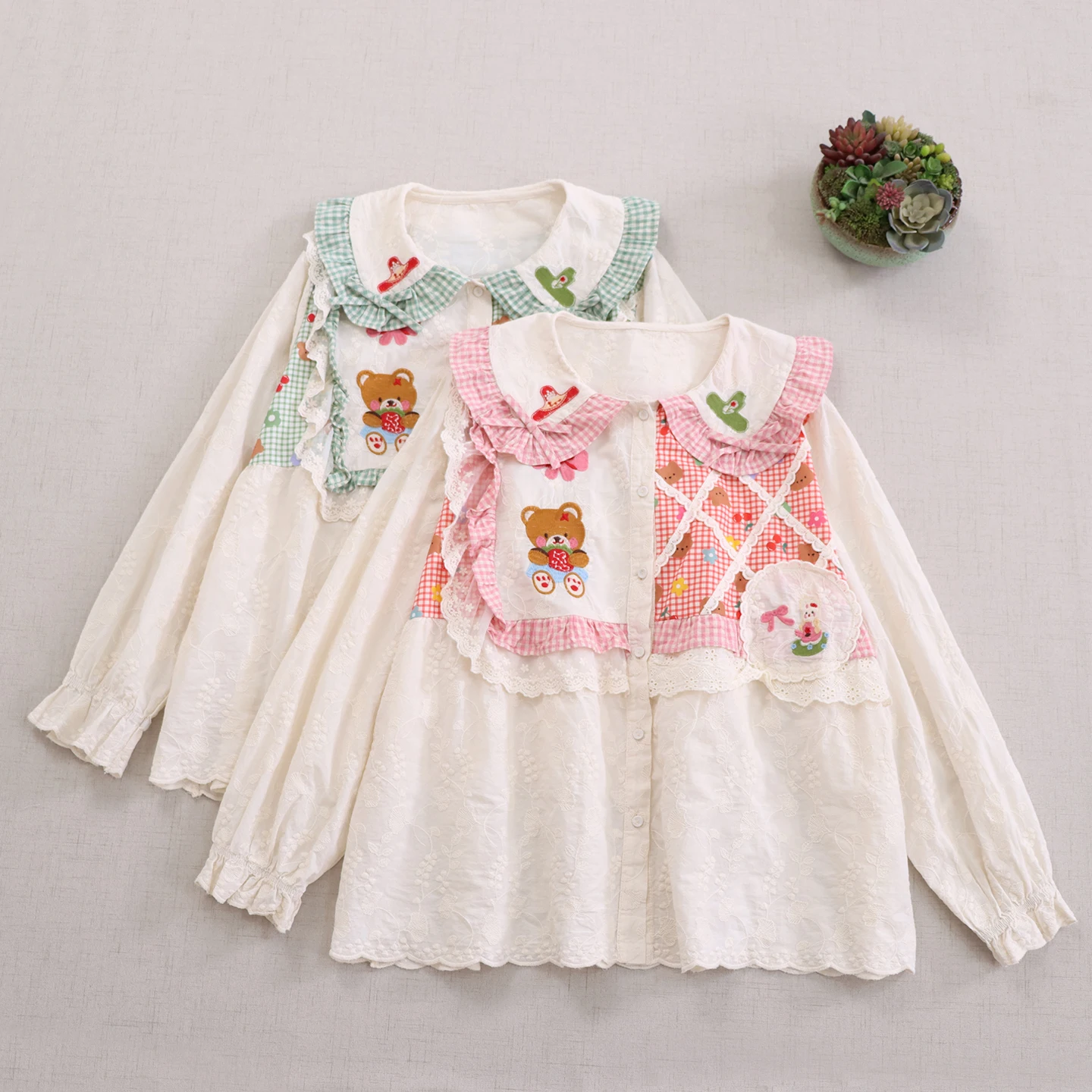 Japanese Sweet Mori Girl Cartoon Bear Embroidery Plaid Patchwork Shirts Women Autumn Peter Pan Collar Long Sleeve Casual Blouse