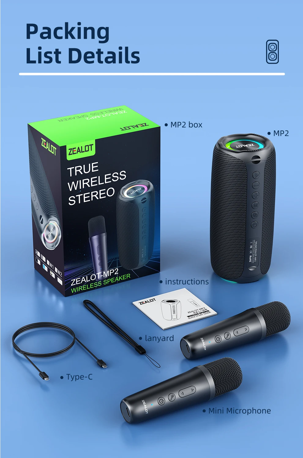 Zealot-MP2 Karaoke-Maschine Tragbarer Bluetooth-Lautsprecher mit 1-2 Kabellosen Mikrofonen 10 Stunden Spielzeit, IPX5 Wasserdicht für Draußen – Detail 12
