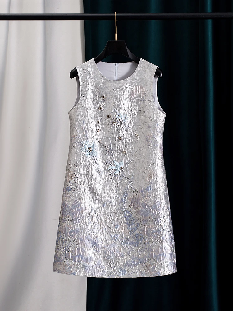 Women Gray Jacquard Beaded Sleeveless Dress Round Neck Elegant Birthday Party Dress Summer