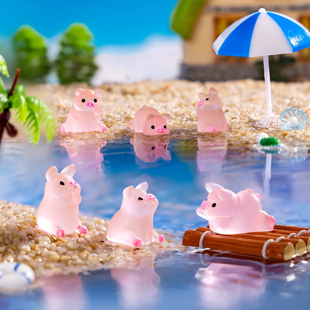 Juego de adornos de cerdito que brillan en la oscuridad de resina de 6cps, llavero DIY, microapagado de manos, decoración de coche de escritorio, muñeca para niños