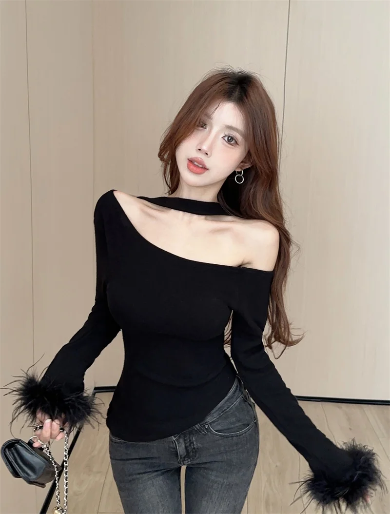 

Black Sexy One-Shoulder Short Fit Women's Base Shirt Sleeve Design Sensual Neck Hanging Commute Style Autumn Fashion Top