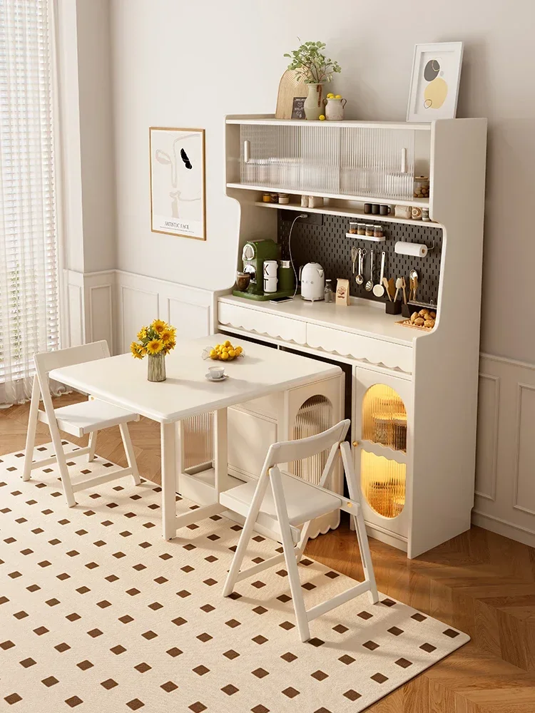 Solid Wood Sideboard Dining Table Integrated Foldable White Wall Locker Kitchen Storage Cabinet