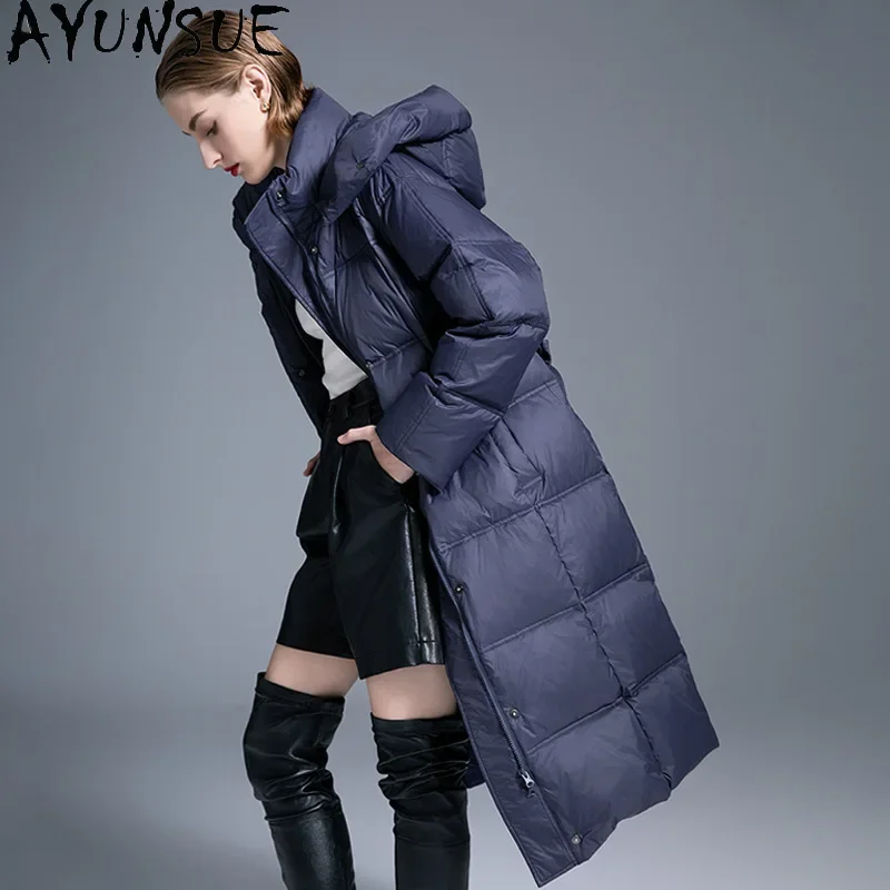 AYUNSUE White Duck Down Puffer Jacket Women Plus Size Outerwears Long Down Coats with Hood Winter Warm Clothes Пуховики 2024