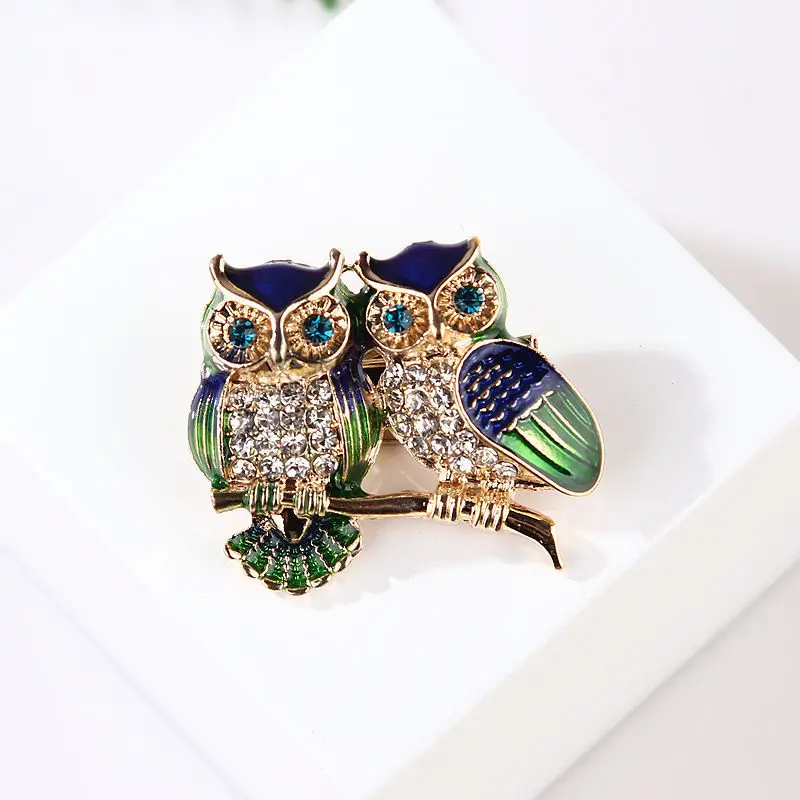 Shiny Zircon Blue Eyes Birds Pins Crystal Enamel Couple Owl Animal Brooches for Women Men Clothes Scarf Buckle Collar Jewelry