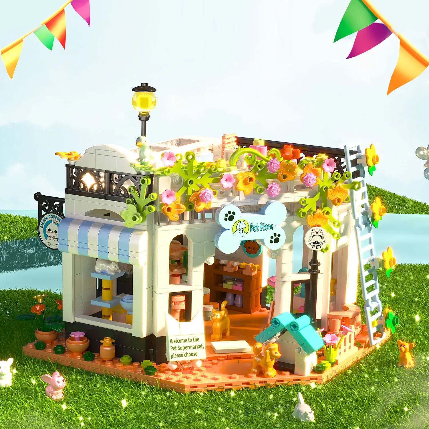 MOC น่ารักแมวสุนัขสัตว์เลี้ยง House Building Blocks ชุด Leisure Store ซูเปอร์มาร์เก็ต Shop การศึกษา DIY ของเล่นเด็กวันเกิดวันหยุดของขวัญ