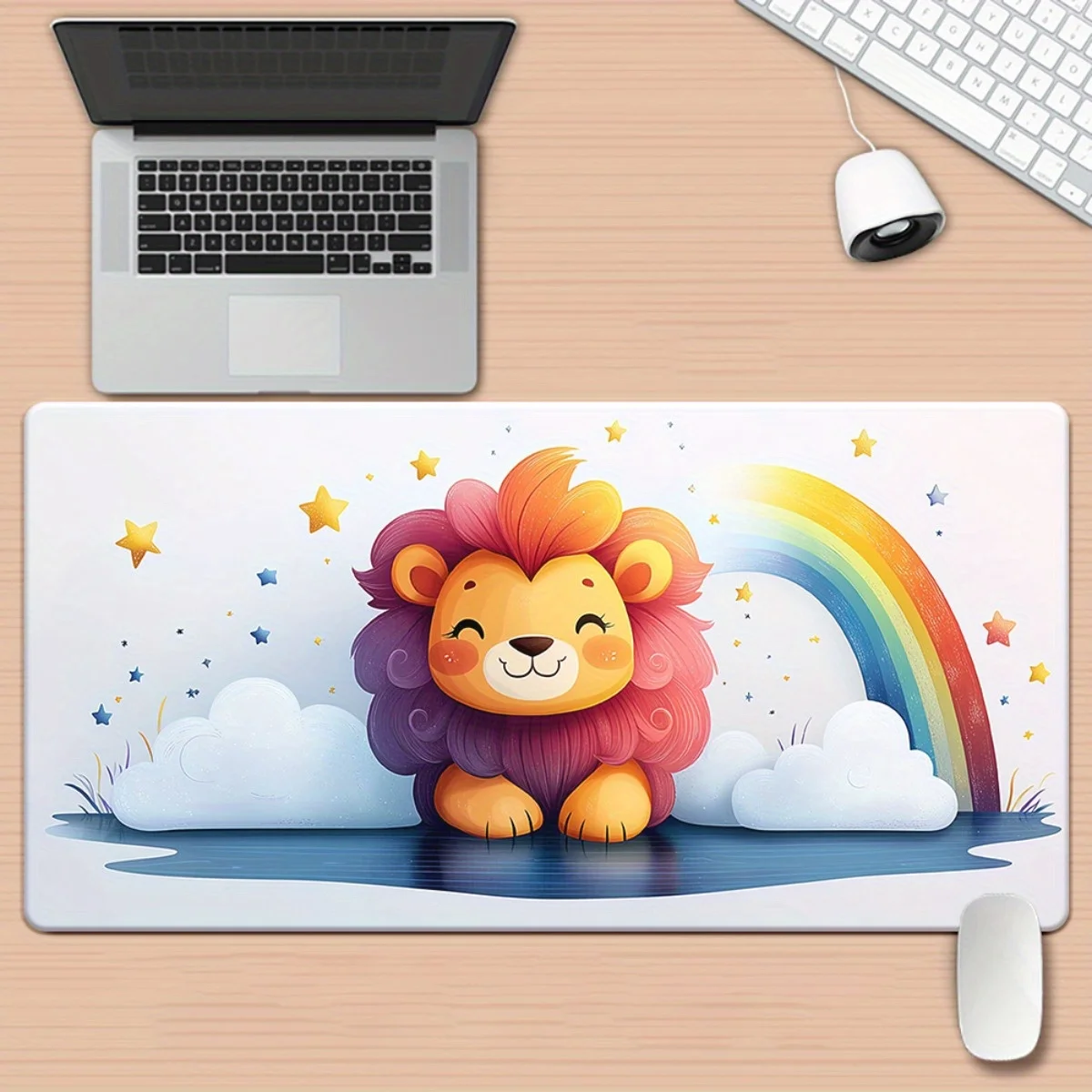 

1pc Extra Large Gaming Desk Mat - Lion & Rainbow with Smiling Lion, Pink Mane & Pastel Colors (Pink/Blue/Purple/Orange/White/Gra