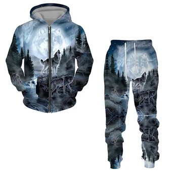 Dres dla mężczyzn 3D The Wolf Printed Zip Hoodie + Pants Suit Cool Men 2-częściowy zestaw odzieży sportowej Wiosna Jesień Casualowa odzież męska