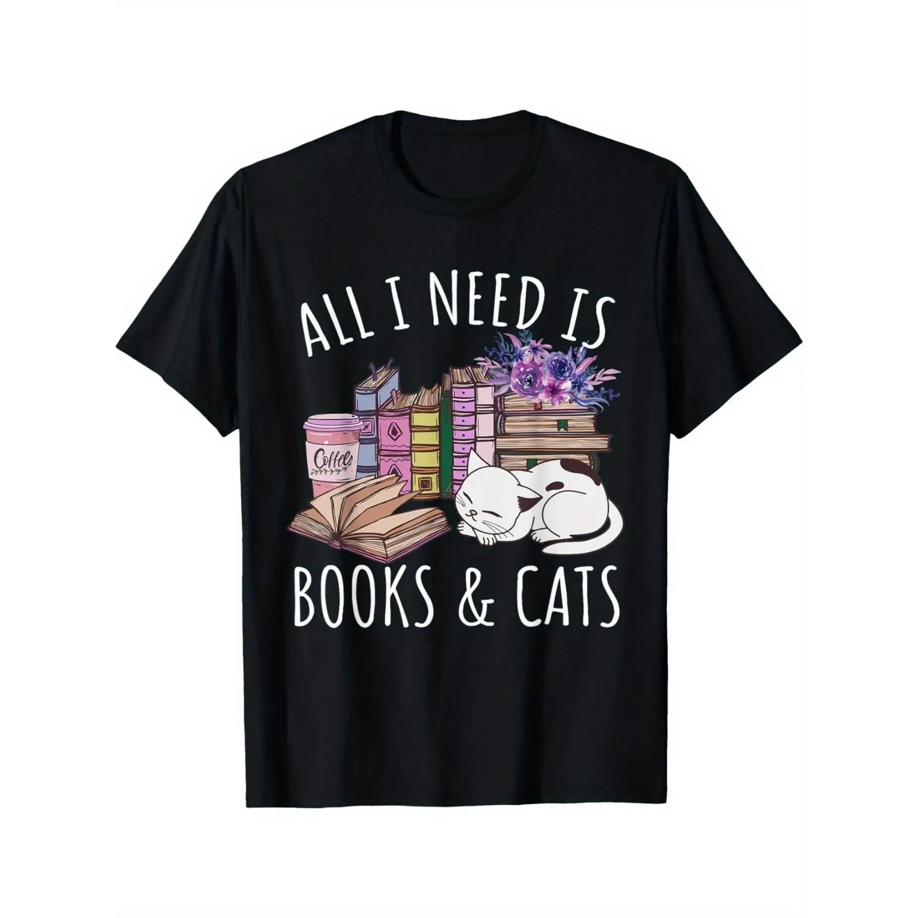 

All I Need Is Books And Cats T-shirt Women's Graphic Tees Funny Cat Lover Bookworm Gift Casual Top