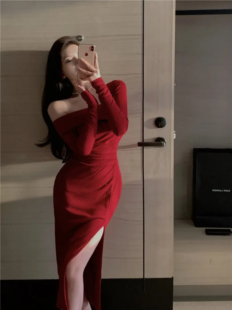 

Sexy Pure Cotton Bodycon Dr with Side Slit One oulder Design for Women Mid-Length A-Line Silhouette High Waist Long Sve