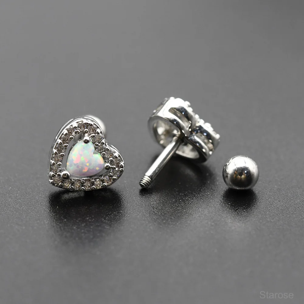 1 Paar 1.2X6Mm Post 8Mm Dubbele Hart Oorknopjes Wit Opaal Kristal Helix Piercing Bal Einde Kraakbeen Kwab Piercing Oor Sieraden