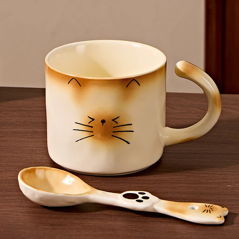 Cute Cat Ceramic Mug with Cat Paw Spoon Set, Cartoon Kitten Coffee Milk Cup Porcelain Drinking Cup