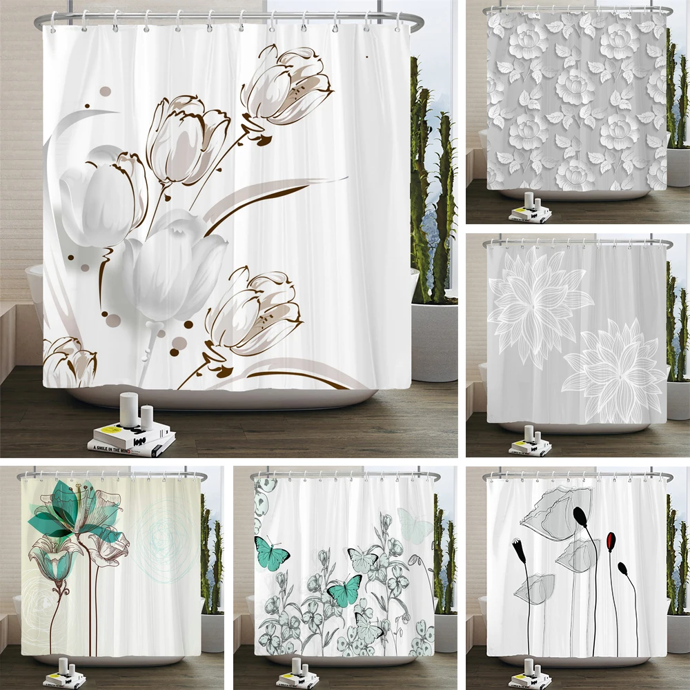 Flower Shower Curtain Bathroom Waterproof Polyester Shower Curtain Floral Printing Curtains for Bathroom Shower with Hooks