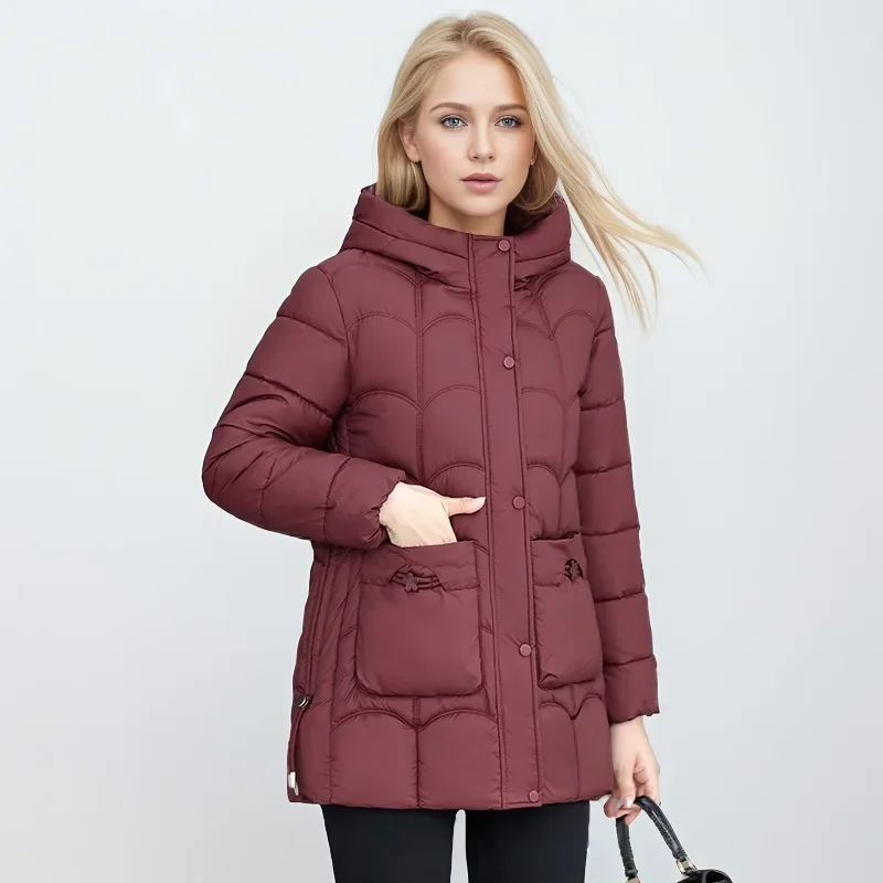 2024 Winter Women\'s Down Cotton Warm Coats New Stylish Midi Length Hooded Lightweight Padded Parkas Pockets Loose Jacket Female