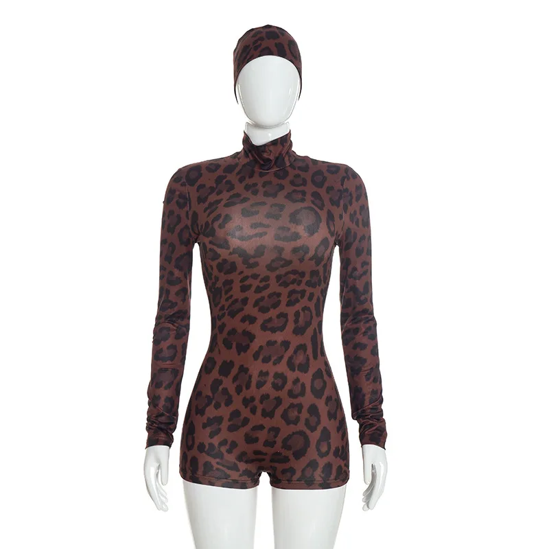 JENYAGE Damen Sexy Leopardenmuster Langarm Rollkragen Stretchiger Romper Bodycon Kurzer Jumpsuit mit Passendem Stirnband Clubwear – Detail 6
