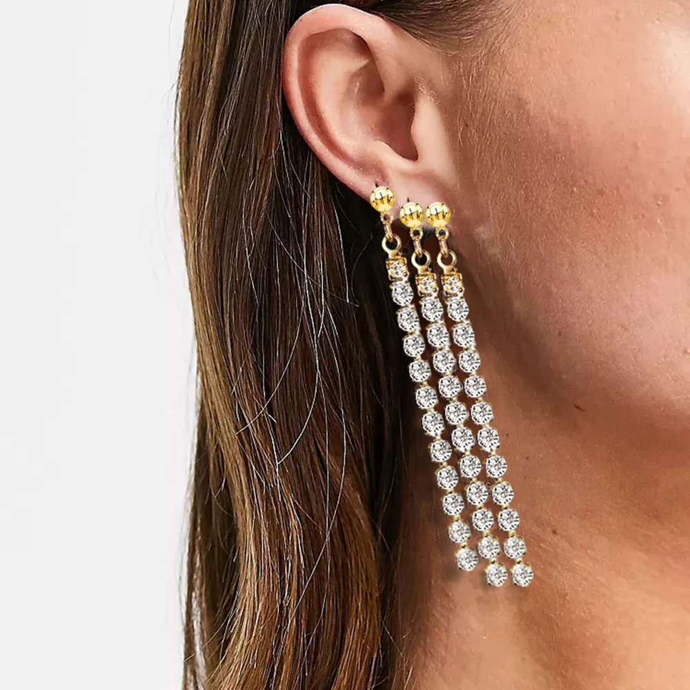 MinaMaMa Stainless Steeel Long Tassel Streak Crystal Chain Earrings For Women Female Shining Rhinestone Earrings Jewelry
