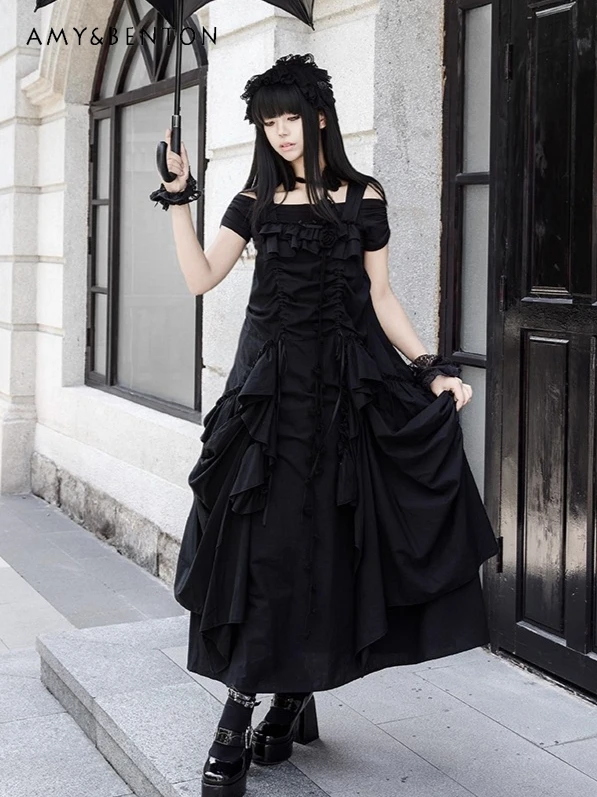 

Street Punk Style Hot Girl Strap Irregular Dress Summer Sweet Cool Pleated Heavy Industry Multi-layer Dress Subculture Dresses