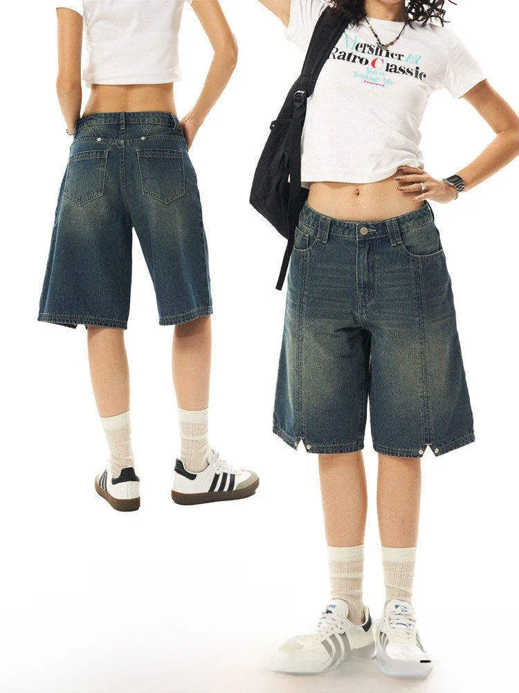 

Young Stage Vintage Waed Denim orts Women's Summer Loose Wide Leg Casual Five-Quarter Pants Blue l Waist Zipper
