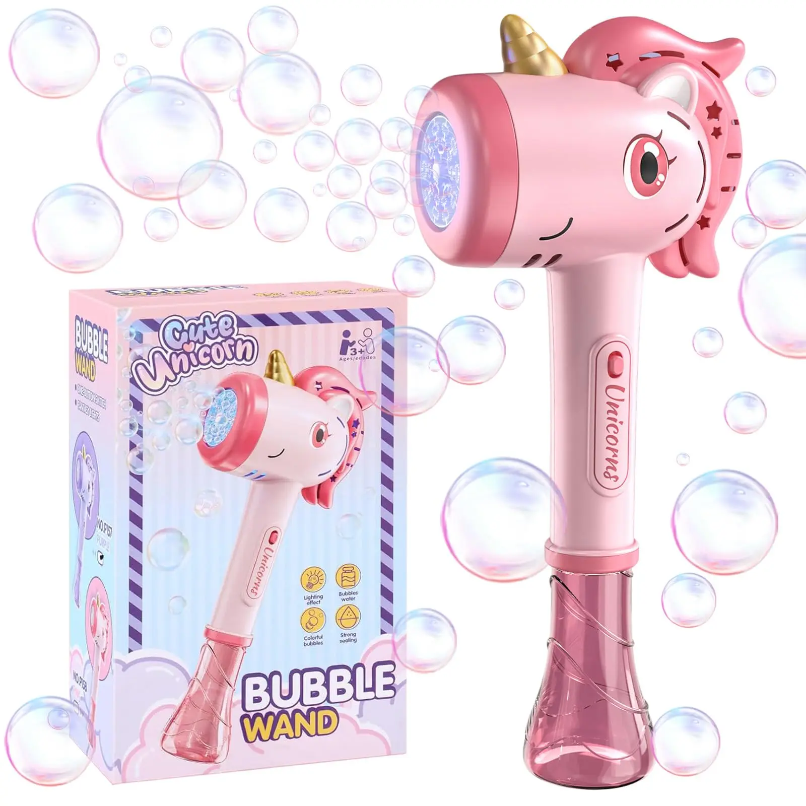 Unicorn Bubble Blower Automatic Bubble Machine Fantasy LED Lights Outdoor Bubble Toy for 3 Year+ Old Included Bubble Solution