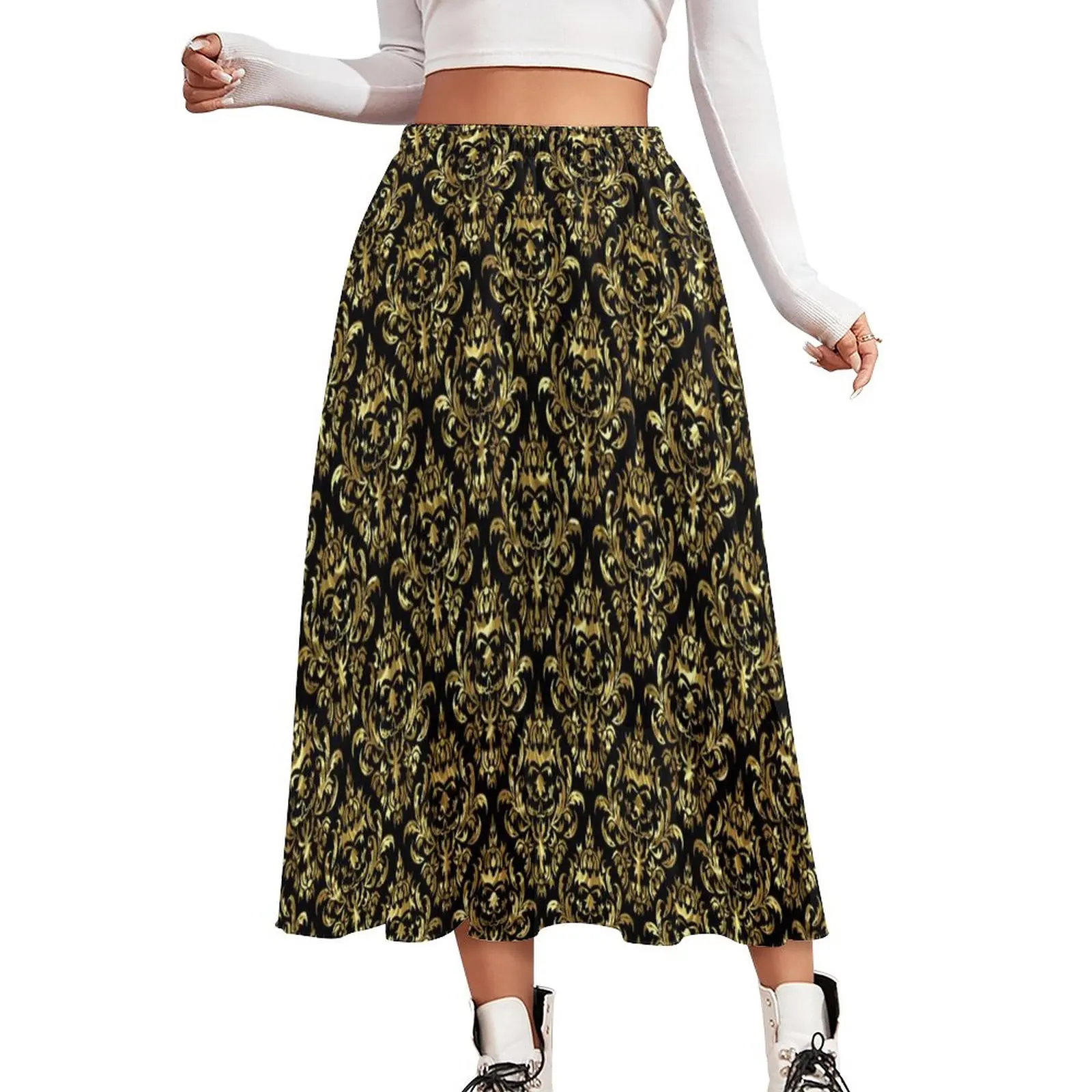 

Gold Floral Damask Skirt Geometric Print Trendy Long Skirts Summer Street Style High Waist Chiffon Design Oversized A-line Skirt