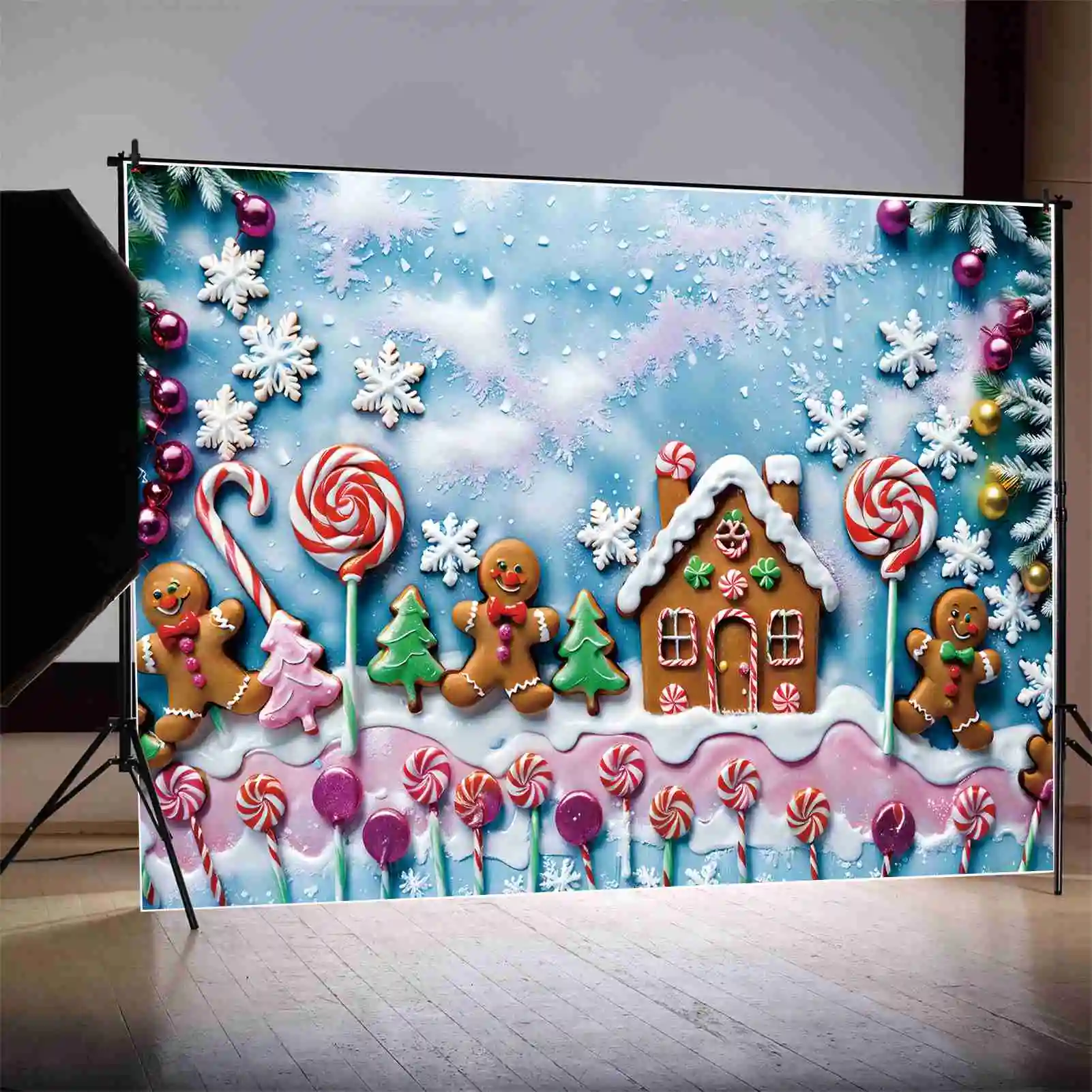 MOON.QG Backdrop Christmas Baby Gingerbread House Man Photozone Background Accessories Snowflake Tree Crutch Photography Props